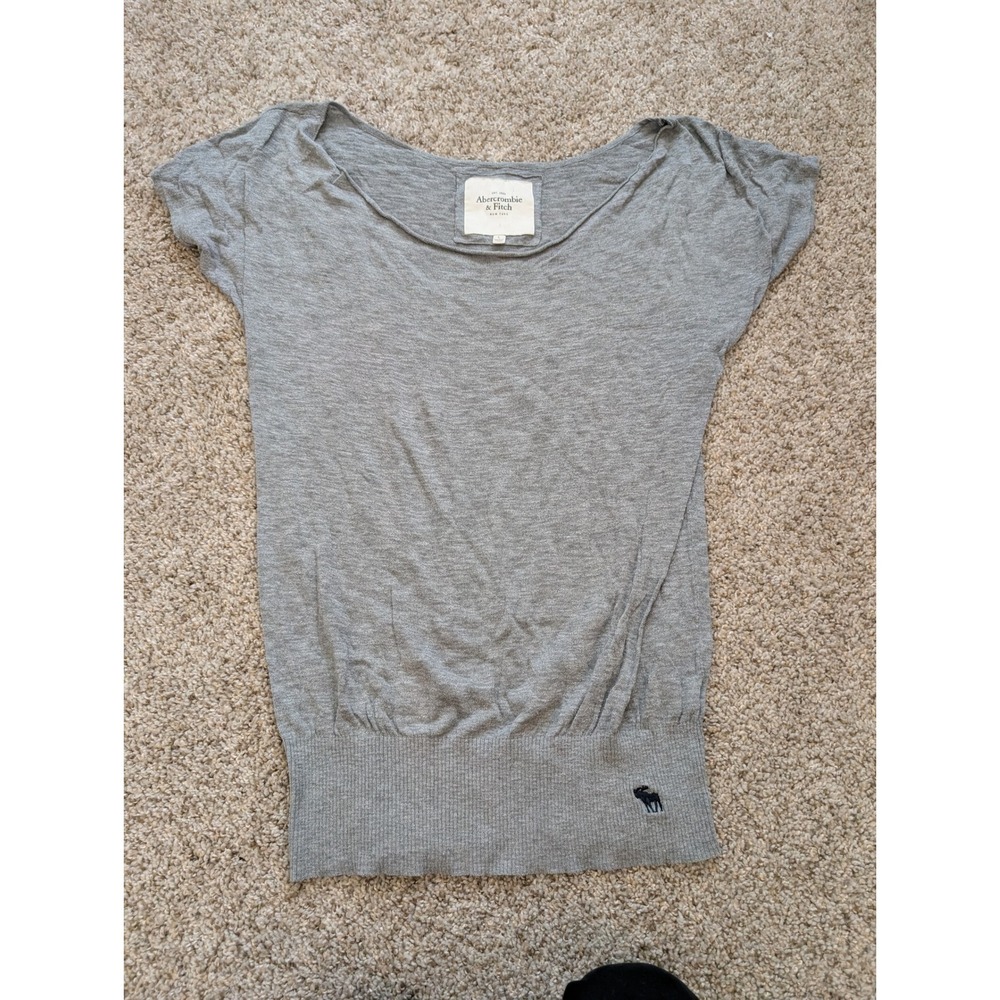 Abercrombie & Fitch Womens Gray Short Sleeve Knit Top Scoop Neck Ribbed Hem L